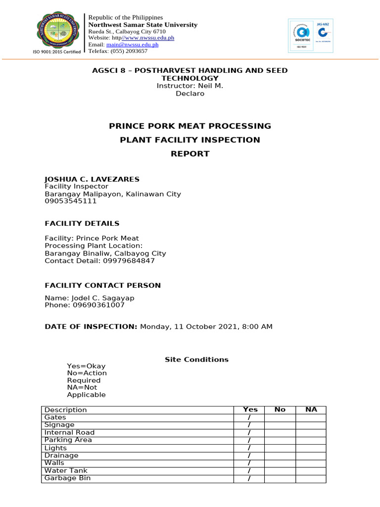 Facility-Pest Inspection Report - AgSci8SAGAYAP | PDF