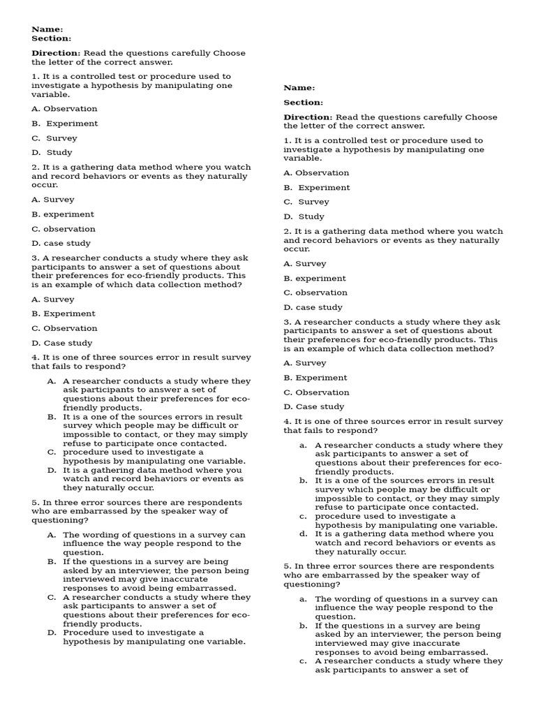 Data Collection Methods Quiz Pdf Experiment Cognition