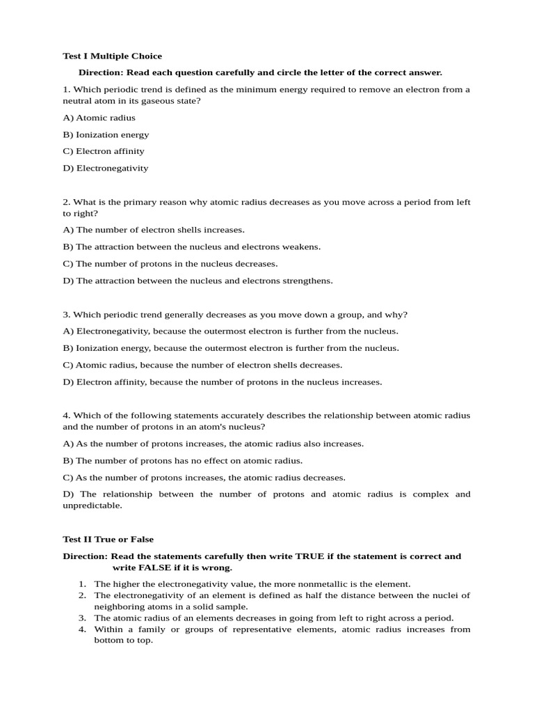 Assessment For Periodic Trends | PDF