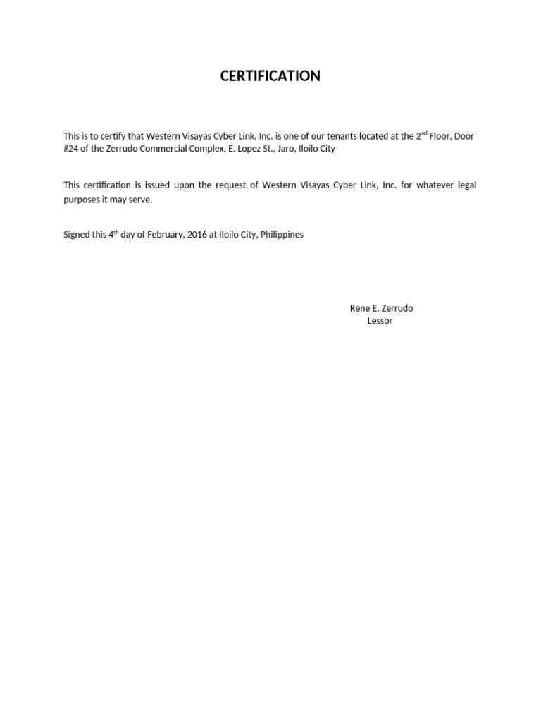 Certification of Tenancy for WV Cyber Link | PDF