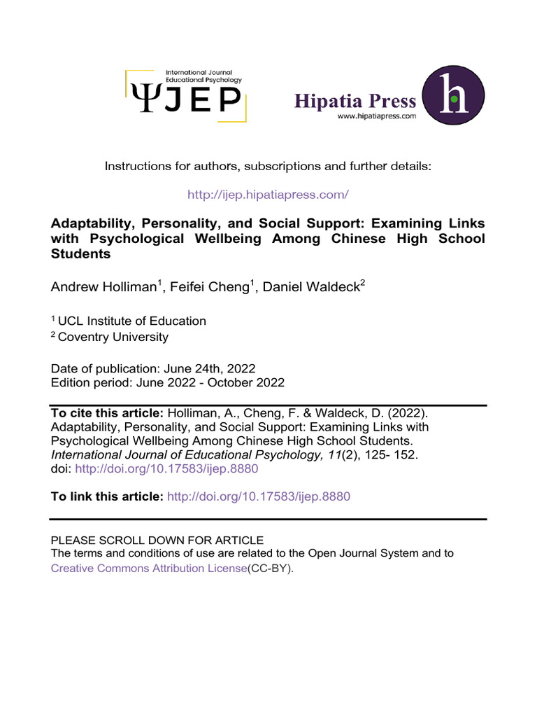 Adaptability and Wellbeing in Chinese Students | PDF | Social Support ...