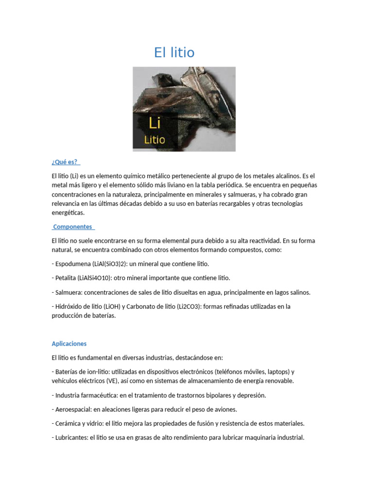 Importancia y usos del litio en tecnología | PDF | Litio | Rieles