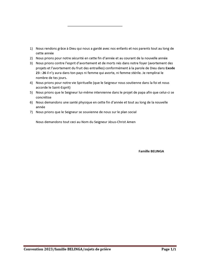 Sujets de prière 2023 - Famille Belinga | PDF