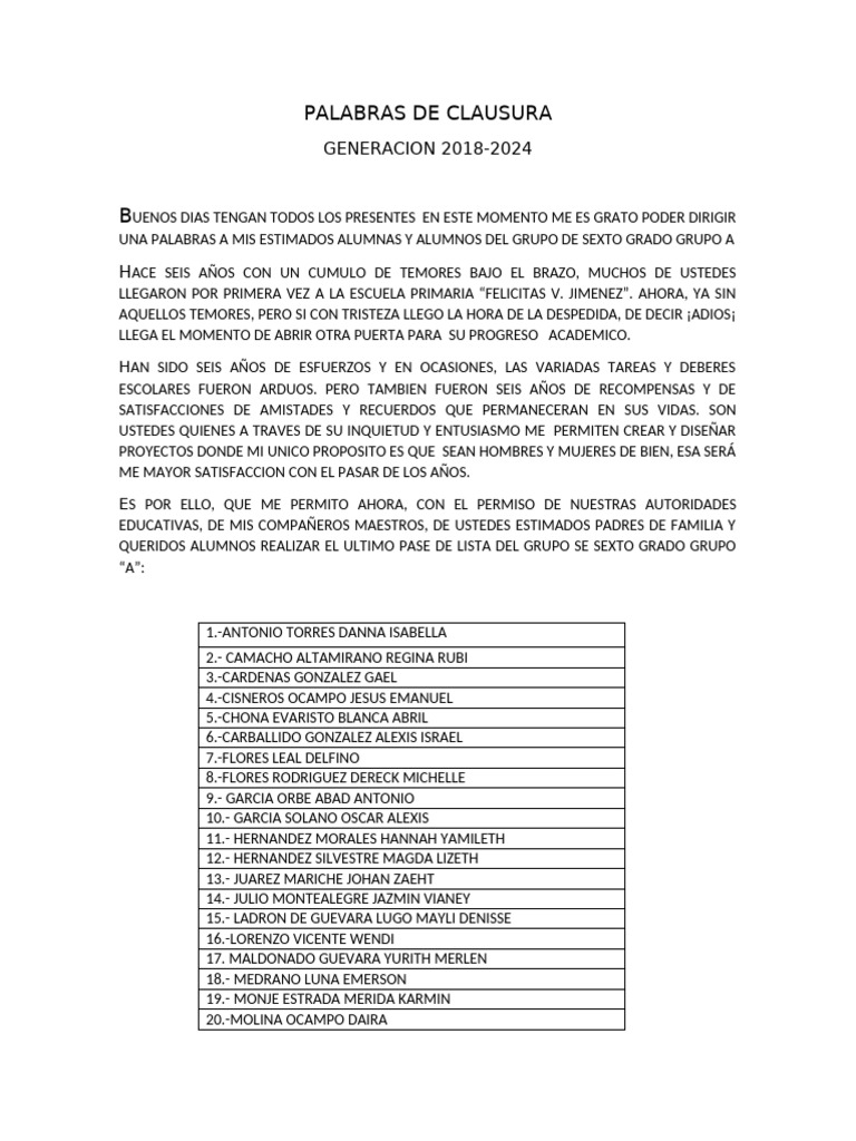 PALABRAS DE CLAUSURA | PDF