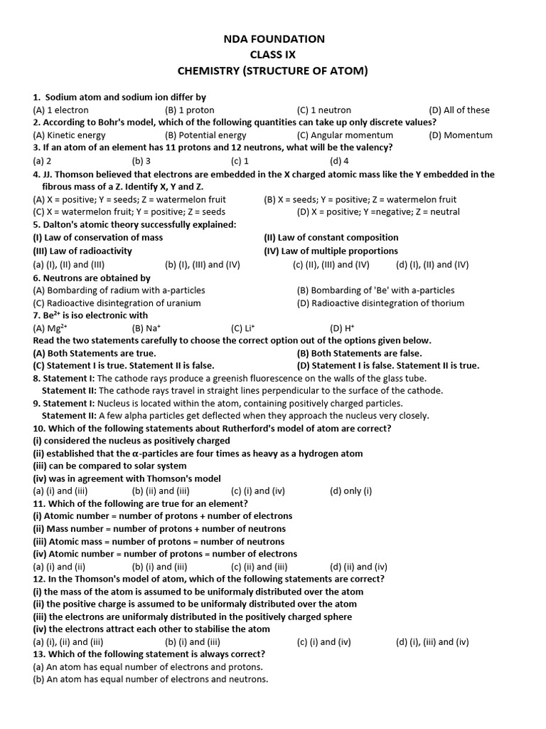 Nda Foundation 1401 Chemistry | PDF | Atoms | Proton