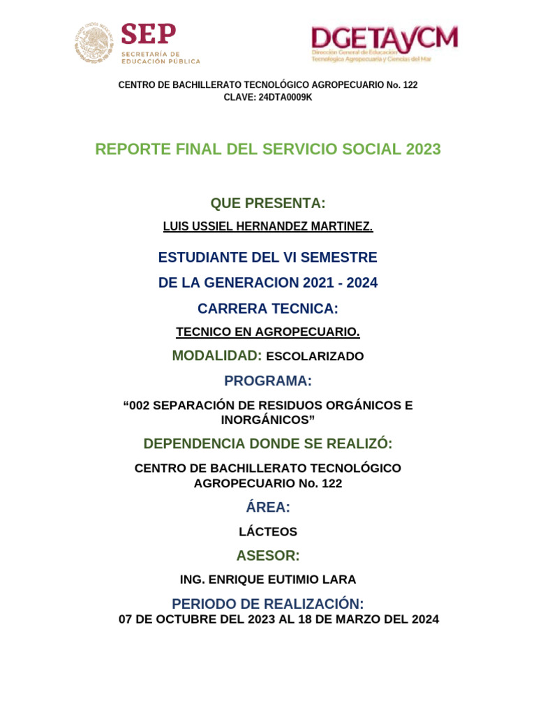 Informe Servicio Social CBTA 122 2023 | PDF | Miseria | Entorno natural