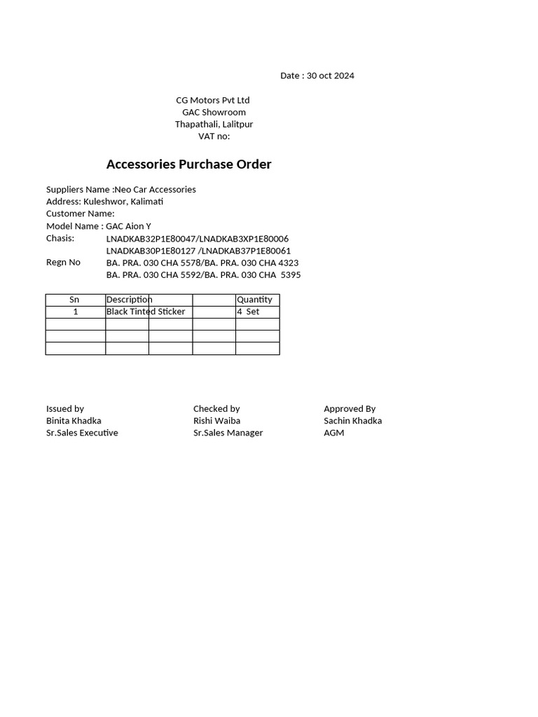 Accessories Purchase Order | PDF | Electric Vehicle