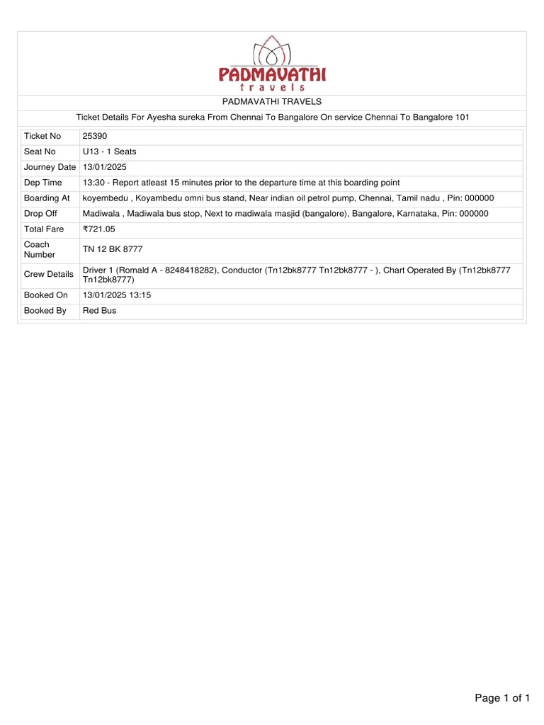 Chennai to Bangalore Ticket Details | PDF