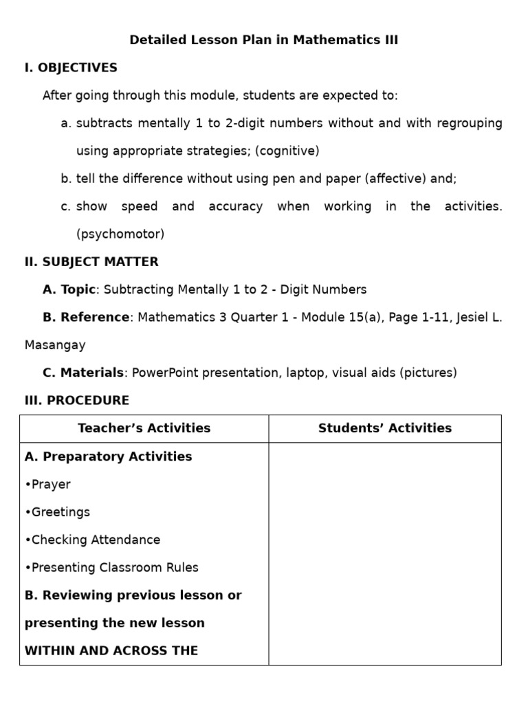 Mental Subtraction Lesson Plan for Grade 3 | PDF | Subtraction | Cognition
