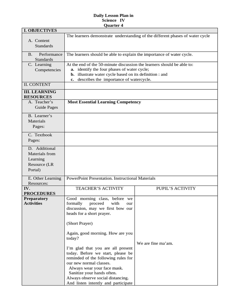 Water Cycle Lesson Plan for Grade IV | PDF | Water | Water Vapor