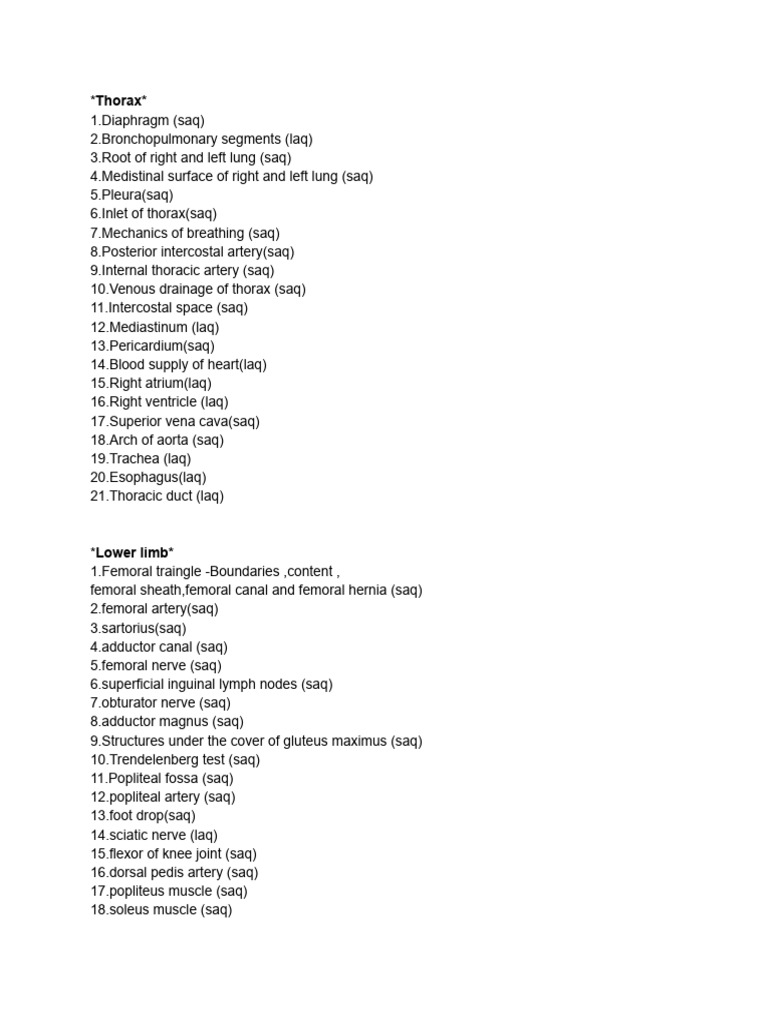 Thorax, Abdomen, and Lower Limb Anatomy | PDF