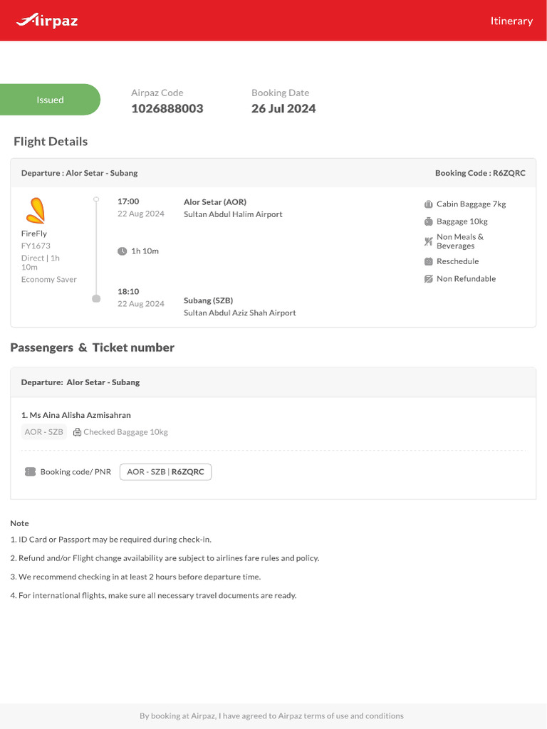 Airpaz Flight Itinerary 1026888003 | PDF