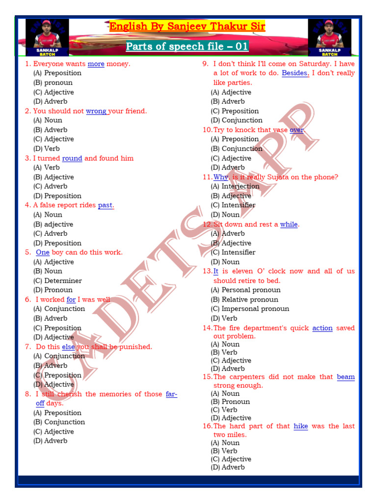 Parts of Speech Quiz | PDF | Adverb | Adjective