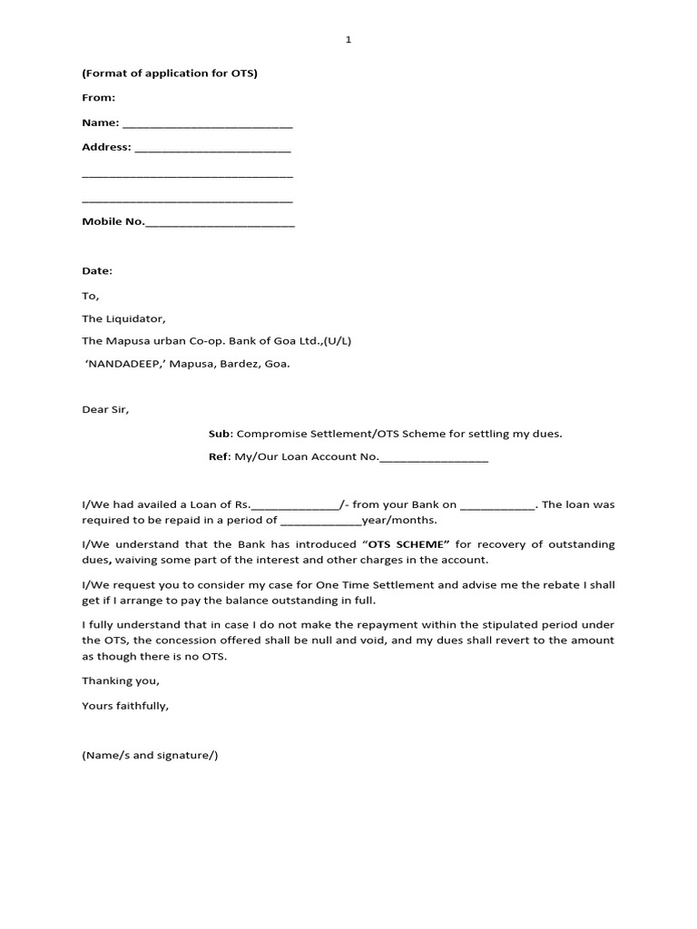 OTS Application Format for Loan Settlement | PDF