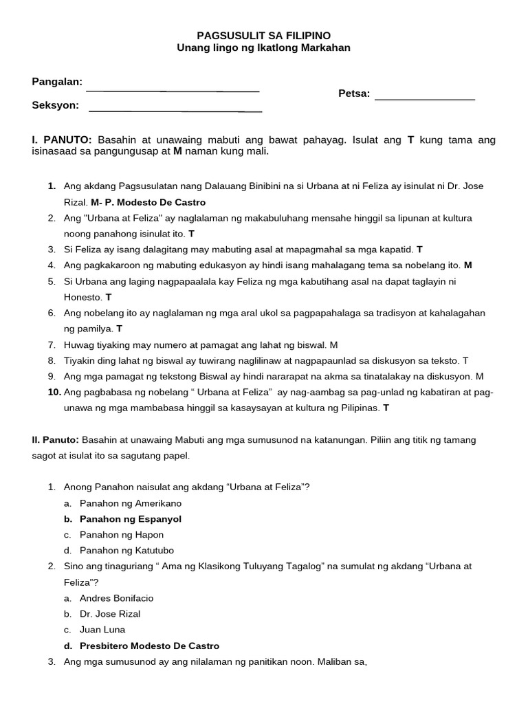 Pagsusulit Sa Filipino 7 Week 2 | PDF