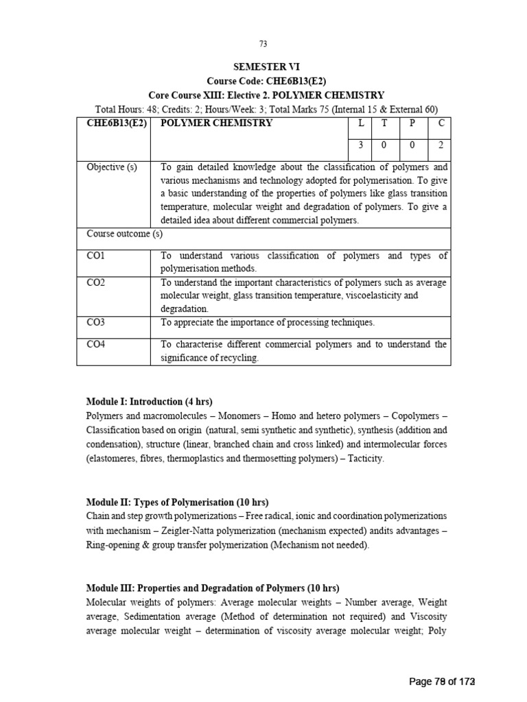 Polymer Chemistry Course Overview | PDF | Polymers | Polymerization
