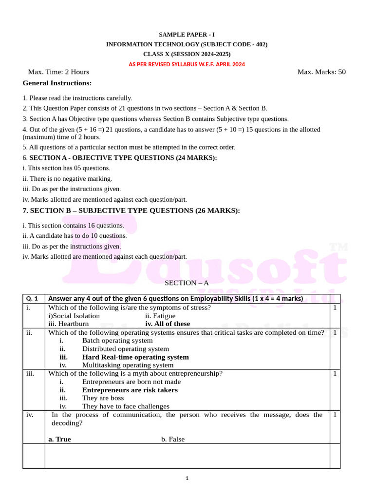 IT 402 Class 10 Sample Paper 2024-25 | PDF | Databases | Worksheet