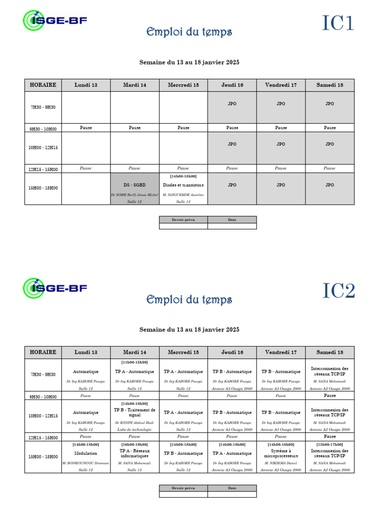 Emploi du temps IC1 à IC3 Janv 2025 | PDF | Informatique