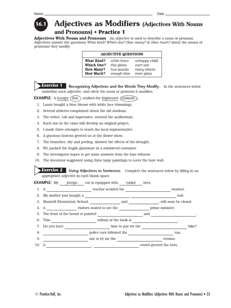 Adjective and Prepositional Phrase Practice | PDF | Adverb | English ...