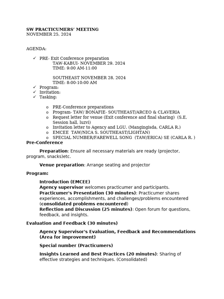 SW Practicum Meeting Agenda 2024 | PDF