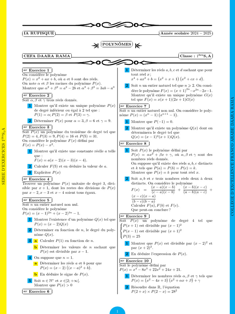 Exercices sur les polynômes en arabe | PDF | Zéro d'une fonction | Polynôme