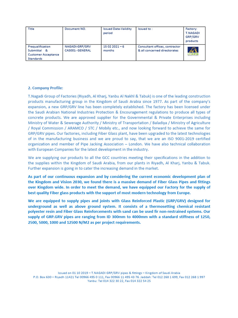 T.Nagadi GRP/GRV Product Standards | PDF | Fiberglass | Building ...