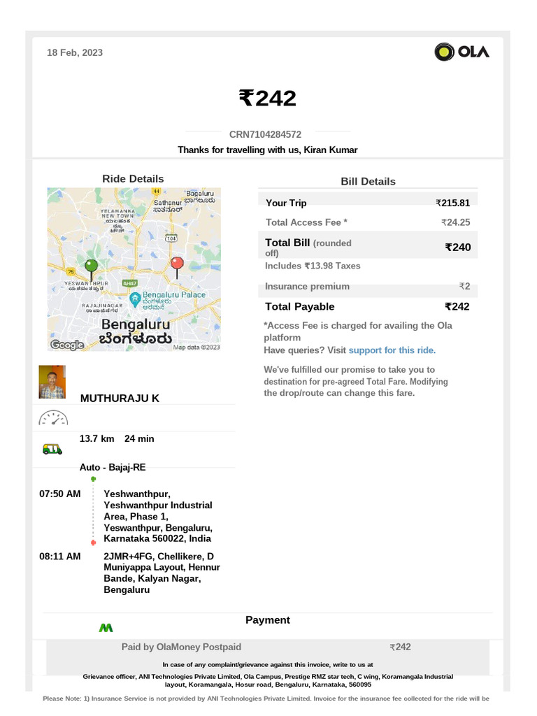 Ola Auto Ride Invoice - Feb 2023 | PDF | Payments