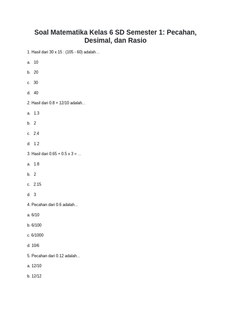 Soal Matematika Kelas 6: Pecahan & Desimal | PDF