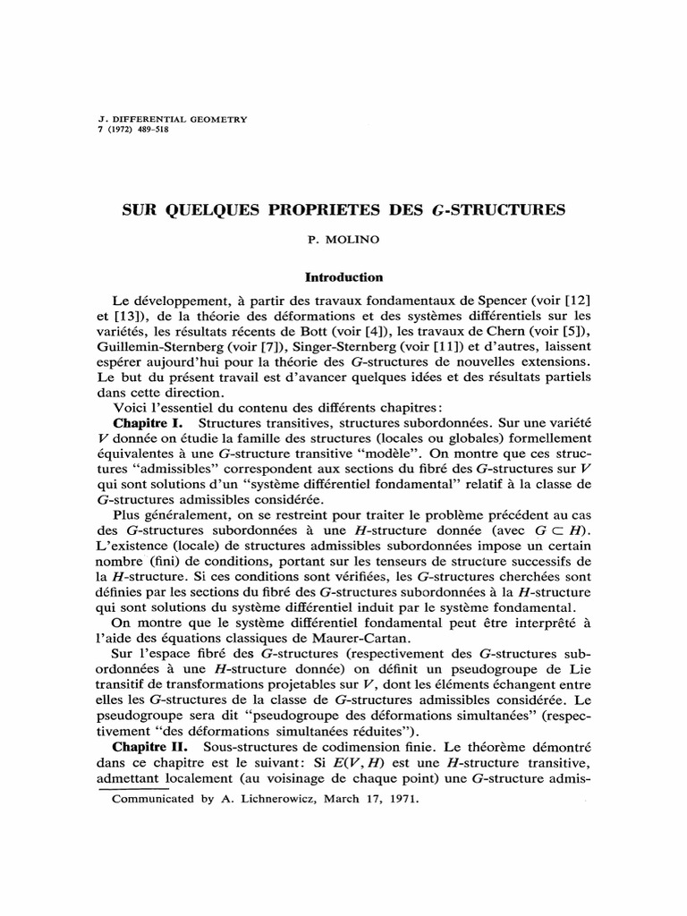Sur Quelques Proprietes Des G-Structures: Chapitre I | PDF | Courbure ...