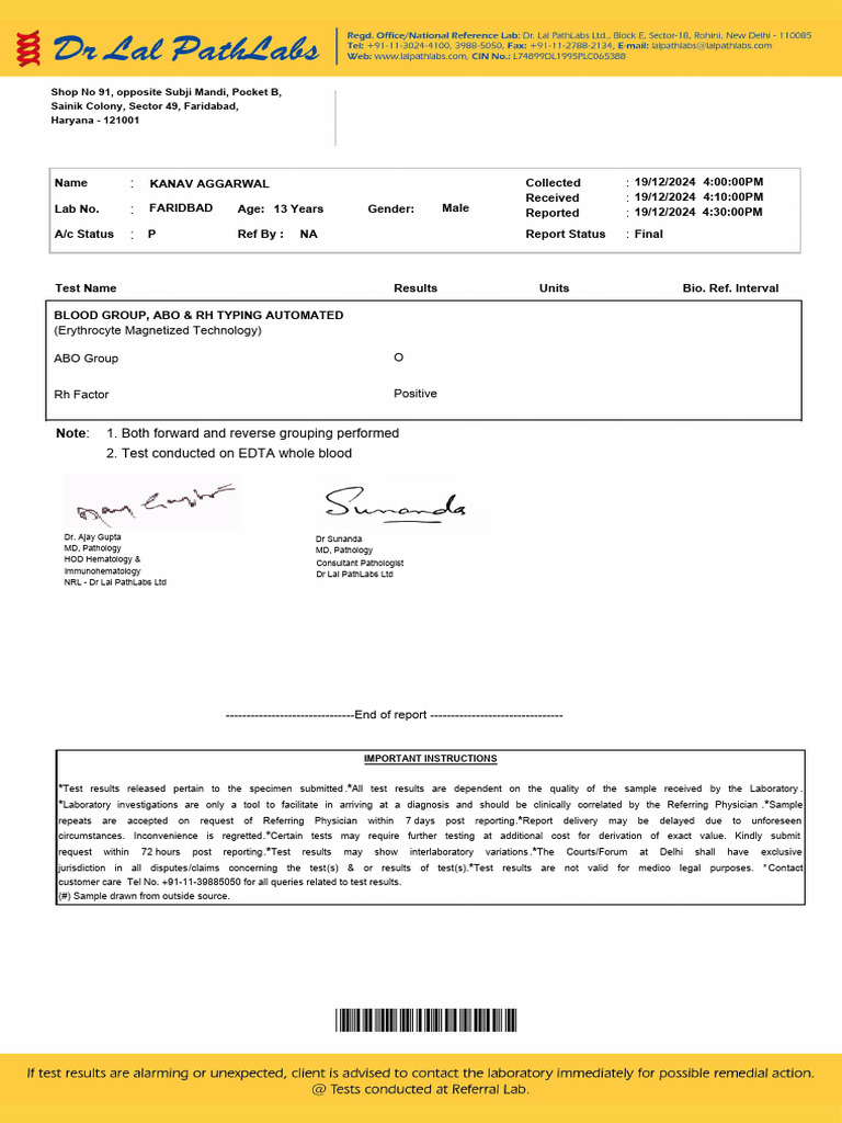 Blood Group Test Report - Faridabad | PDF | Pathology | Blood Type