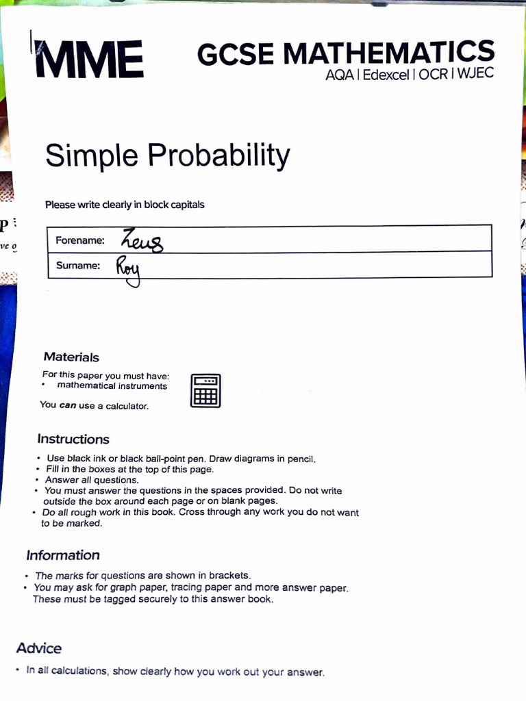 GCSE Probability Worksheet | PDF | Qualifications | Student Assessment ...
