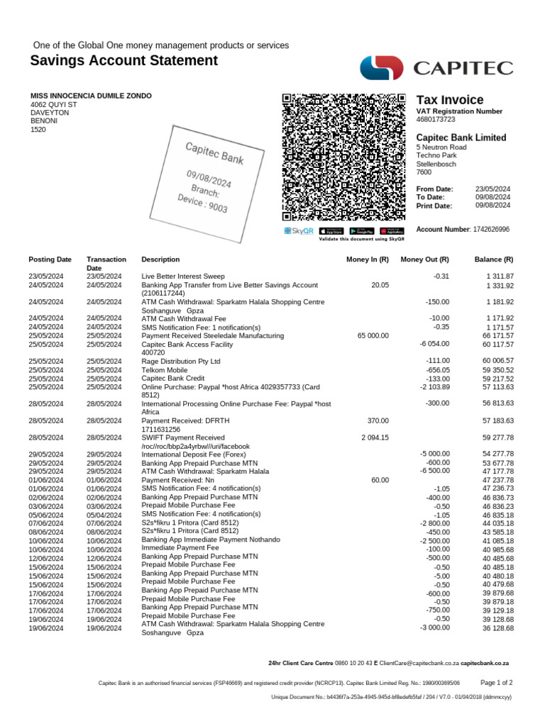 Capitec Bank Savings Account Statement | PDF | Credit Card | Payments