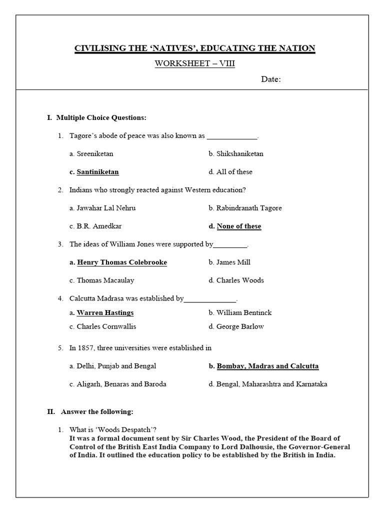Civilising The Natives', Educating The Nation: Worksheet - Viii Date | PDF