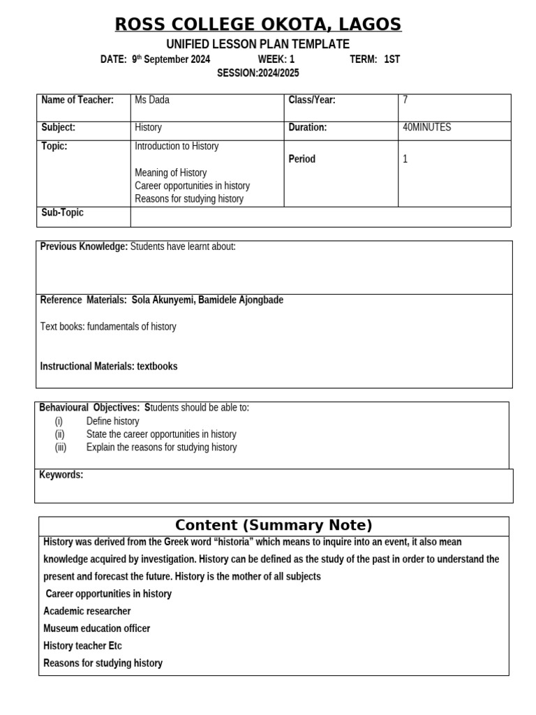 Year 7-8 History Lesson Plan | PDF | Lesson Plan | Teachers