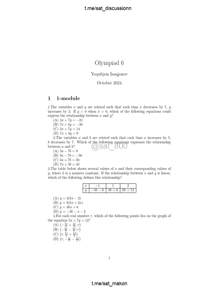 SAT Math Problem Set October 2024 | PDF | Circle