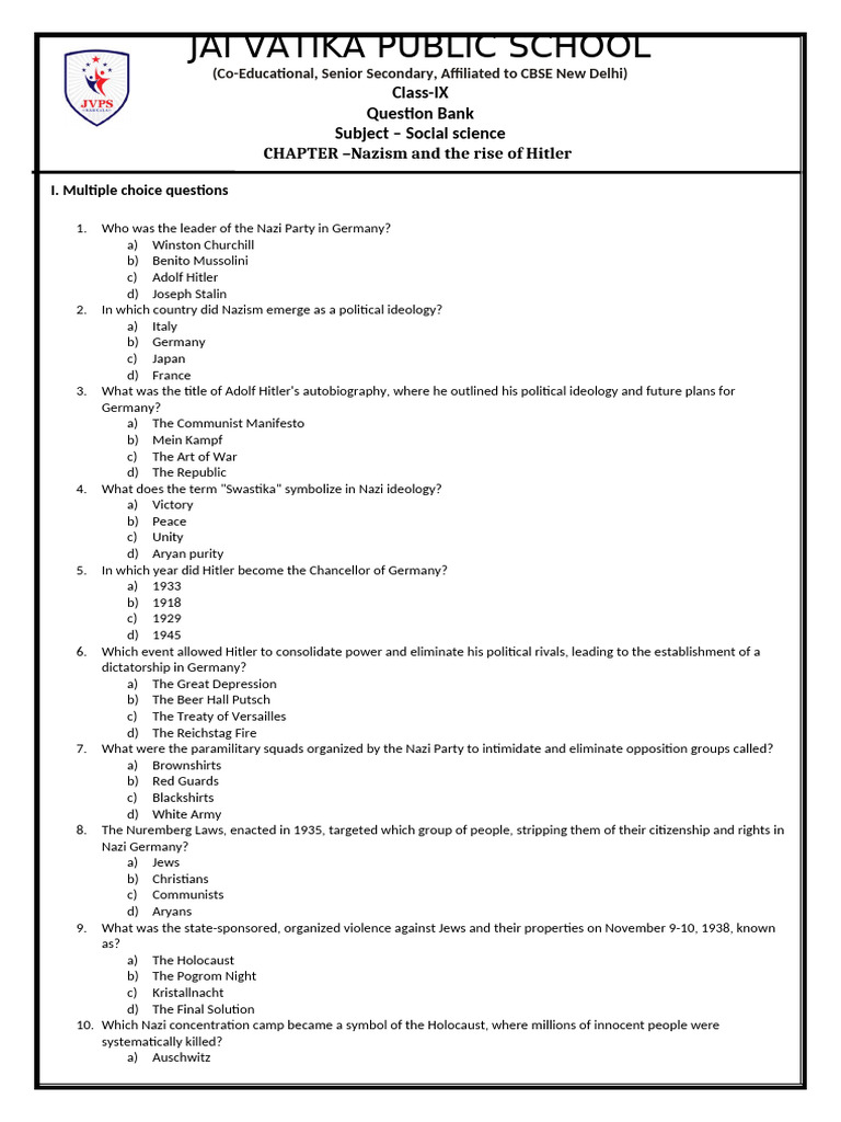 Class 9 History MCQs: Nazism & Hitler | PDF | Nazi Germany | Adolf Hitler