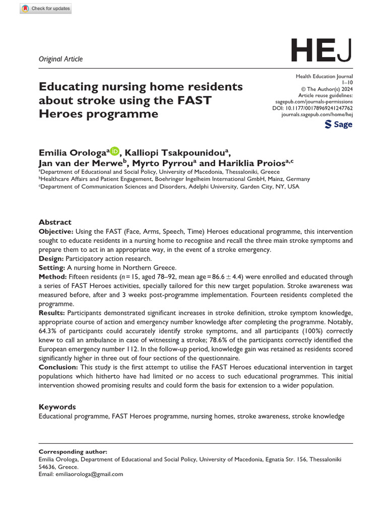 Orologa Et Al 2024 Educating Nursing Home Residents About Stroke Using ...