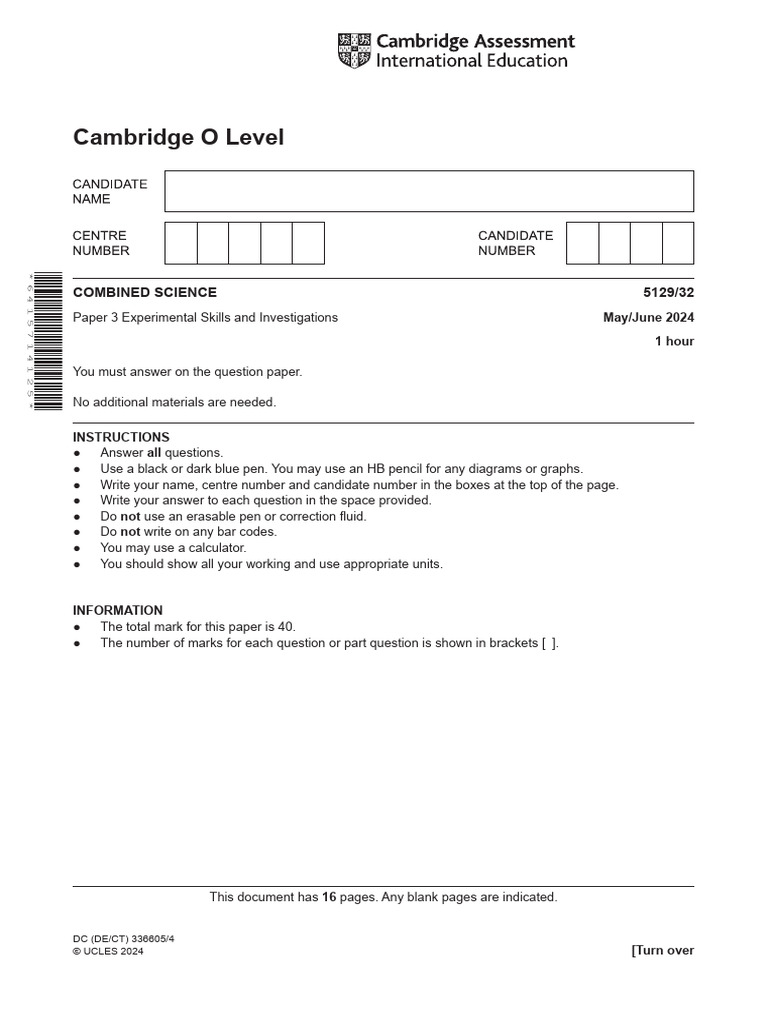 Cambridge O Level: Combined Science 5129/32 | PDF | Solubility | Ammonium