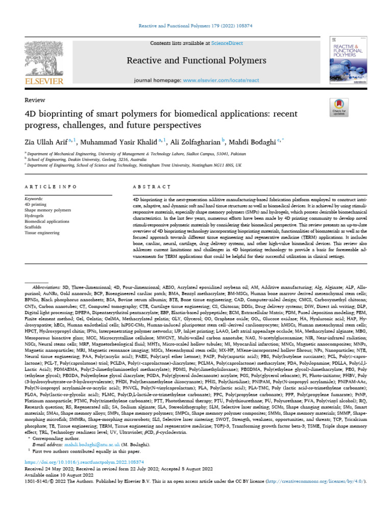 4D Bioprinting of Smart Polymers | PDF | Tissue Engineering | 3 D Printing