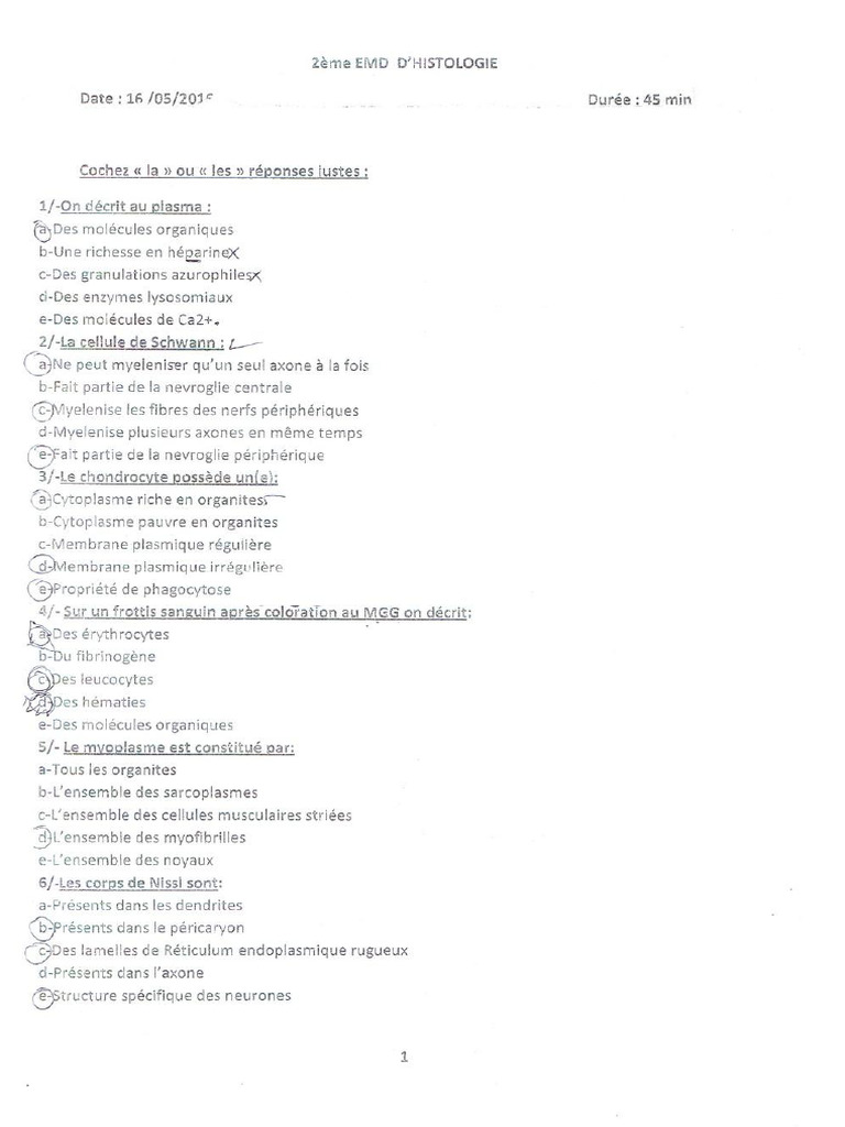 QCM Histologie et Métaphytes | PDF | Épithélium | Cellule (Biologie)