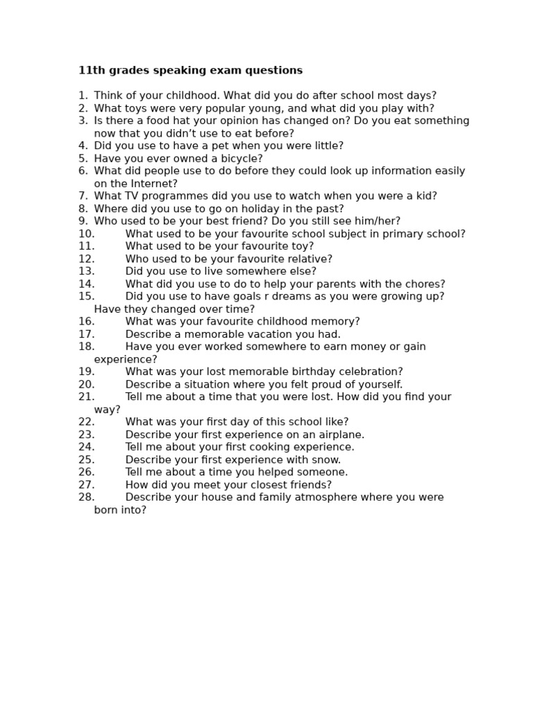 11th Grade Speaking Exam Questions | PDF