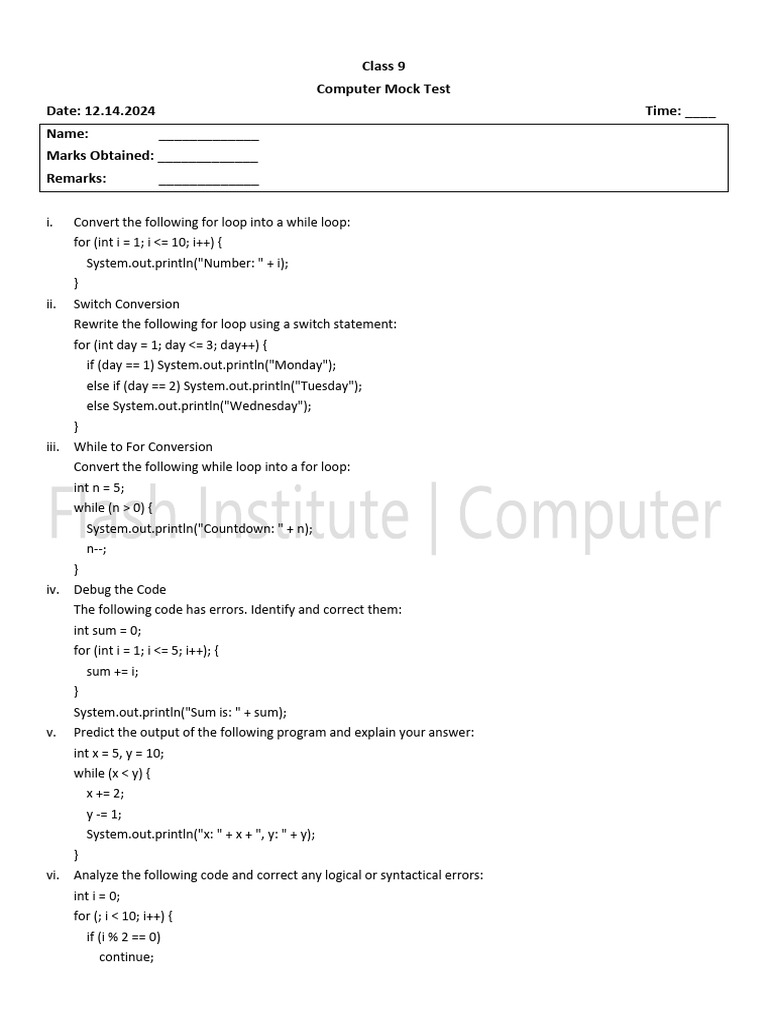 Class 9 Computer Mock Test Guide | PDF | Computer Programming | Computing