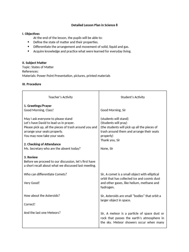 States of Matter Lesson Plan for Grade 8 | PDF | Gases | Liquids