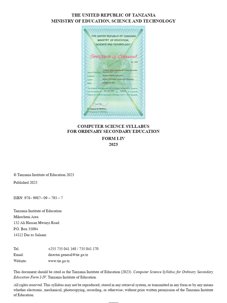 Computer Science Syllabus for Ordinary Secondary Education Form I-IV (1 ...