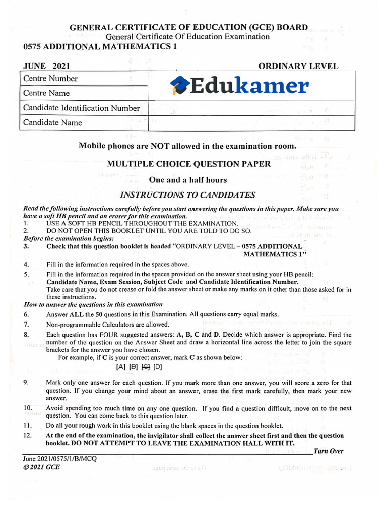 Ol Additional Mathematics 2021 p1 | PDF