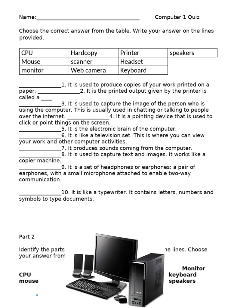 parts of the computer Quiz | PDF