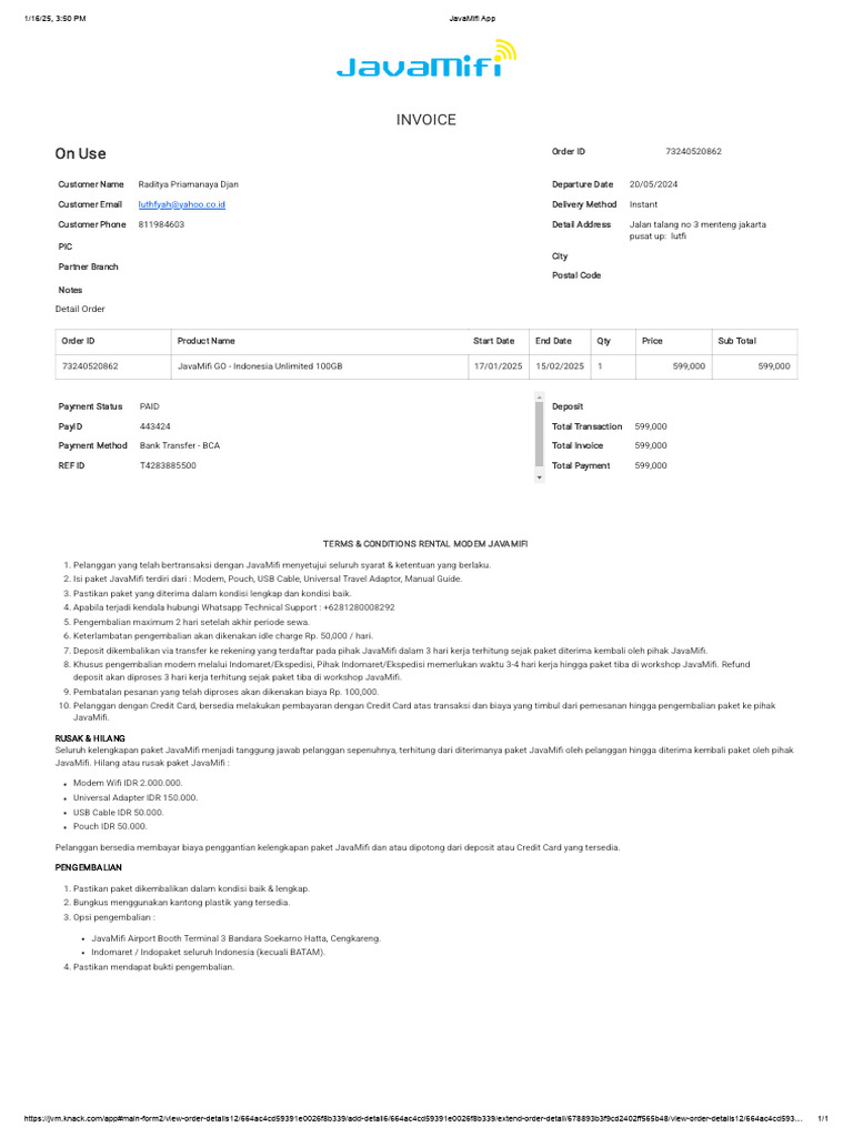 Invoice Sewa Modem JavaMifi | PDF