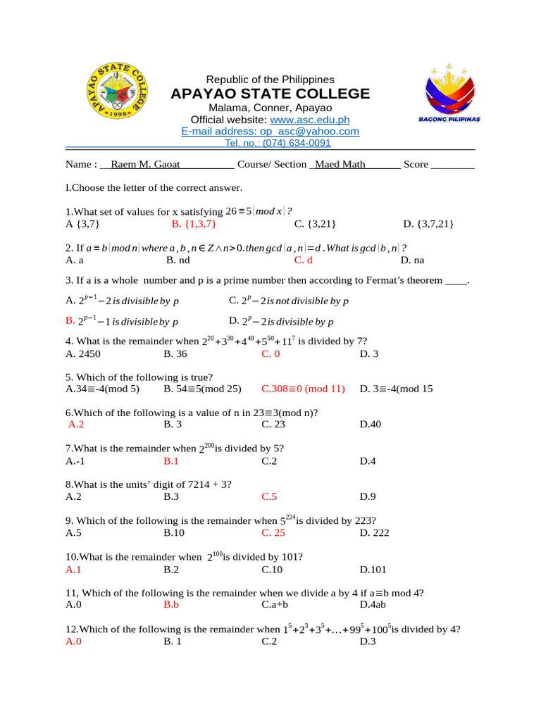 Math Exam Review: Modular Arithmetic | PDF | Abstract Algebra | Mathematics