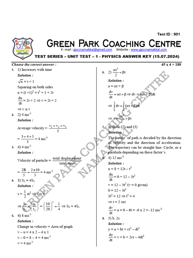 Physics Test Series Key | PDF | Speed | Theory Of Relativity