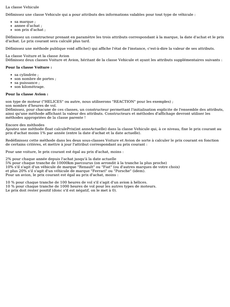 Classe Vehicule et sous-classes en Java | PDF
